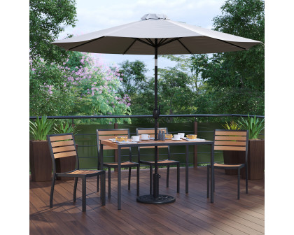 BLNK All-Weather Deck or Patio Set with 4 Stacking Faux Teak Chairs, 30" x 48" Faux Teak Table, Umbrella and Base