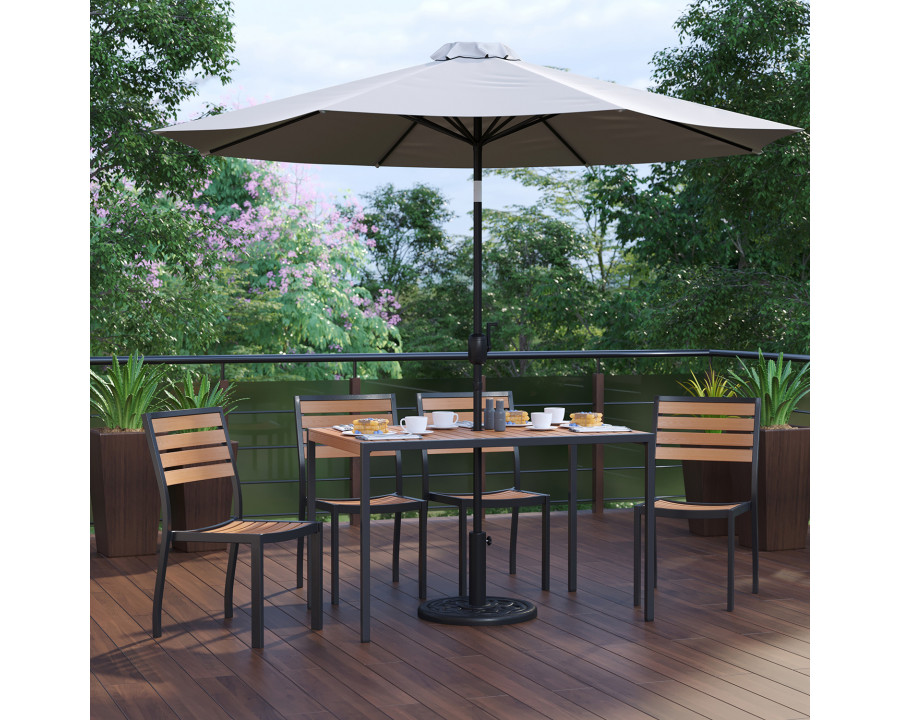 BLNK All-Weather Deck or Patio Set with 4 Stacking Faux Teak Chairs, 30" x 48" Faux Teak Table, Umbrella and Base - Gray