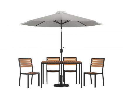 BLNK All-Weather Deck or Patio Set with 4 Stacking Faux Teak Chairs, 30" x 48" Faux Teak Table, Umbrella and Base - Gray