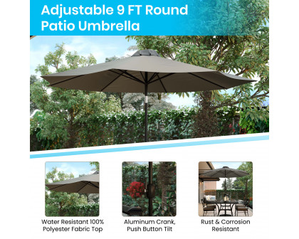 BLNK All-Weather Deck or Patio Set with 4 Stacking Faux Teak Chairs, 30" x 48" Faux Teak Table, Umbrella and Base - Gray