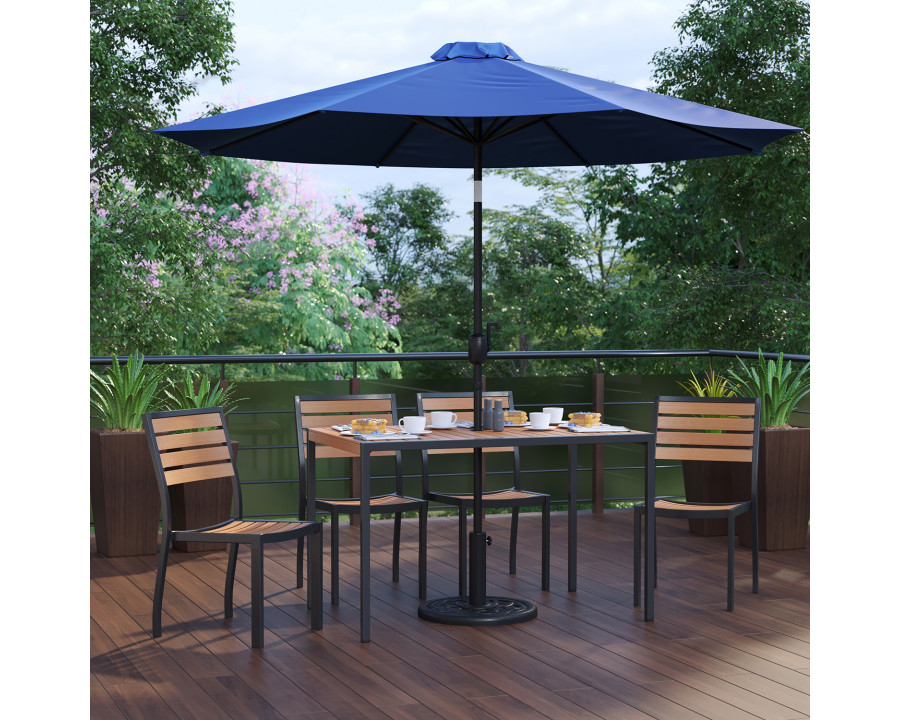 BLNK All-Weather Deck or Patio Set with 4 Stacking Faux Teak Chairs, 30" x 48" Faux Teak Table, Umbrella and Base