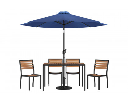 BLNK All-Weather Deck or Patio Set with 4 Stacking Faux Teak Chairs, 30" x 48" Faux Teak Table, Umbrella and Base