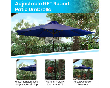 BLNK All-Weather Deck or Patio Set with 4 Stacking Faux Teak Chairs, 30" x 48" Faux Teak Table, Umbrella and Base - Navy