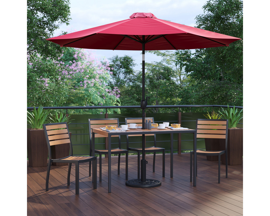 BLNK All-Weather Deck or Patio Set with 4 Stacking Faux Teak Chairs, 30" x 48" Faux Teak Table, Umbrella and Base - Red