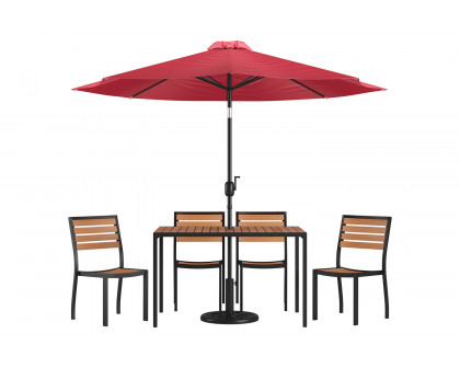 BLNK All-Weather Deck or Patio Set with 4 Stacking Faux Teak Chairs, 30" x 48" Faux Teak Table, Umbrella and Base - Red