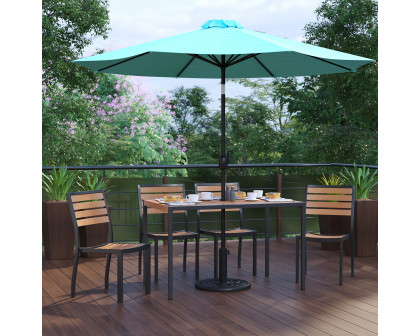 BLNK All-Weather Deck or Patio Set with 4 Stacking Faux Teak Chairs, 30" x 48" Faux Teak Table, Umbrella and Base