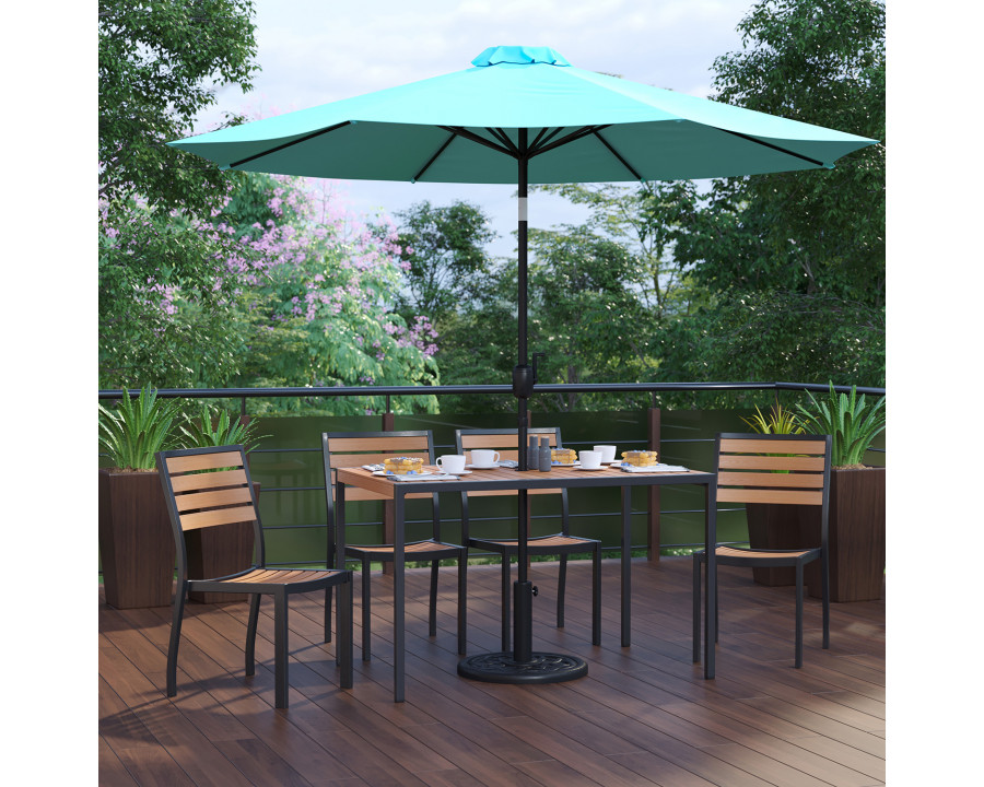 BLNK All-Weather Deck or Patio Set with 4 Stacking Faux Teak Chairs, 30" x 48" Faux Teak Table, Umbrella and Base - Teal