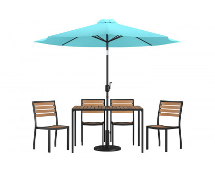 BLNK All-Weather Deck or Patio Set with 4 Stacking Faux Teak Chairs, 30" x 48" Faux Teak Table, Umbrella and Base - Teal