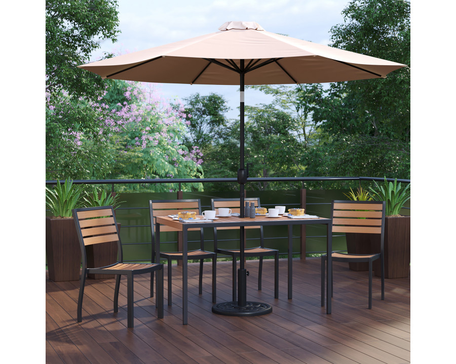 BLNK All-Weather Deck or Patio Set with 4 Stacking Faux Teak Chairs, 30" x 48" Faux Teak Table, Umbrella and Base - Tan