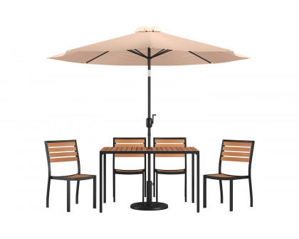 BLNK All-Weather Deck or Patio Set with 4 Stacking Faux Teak Chairs, 30" x 48" Faux Teak Table, Umbrella and Base - Tan