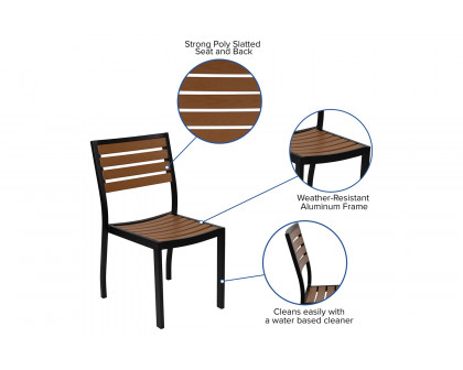 BLNK All-Weather Deck or Patio Set with 4 Stacking Faux Teak Chairs, 30" x 48" Faux Teak Table, Umbrella and Base - Tan