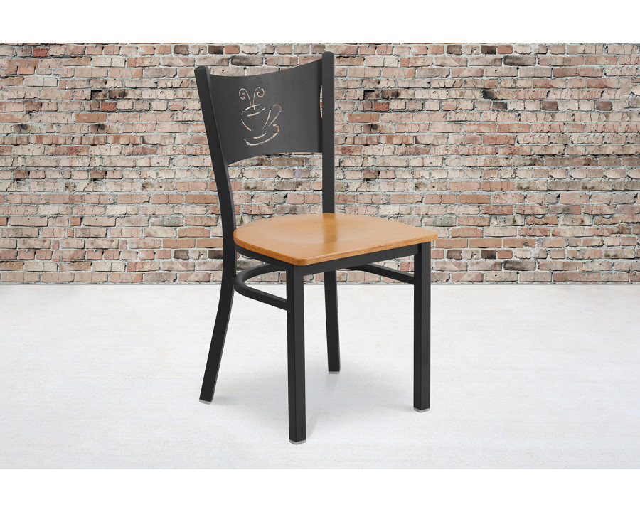 BLNK HERCULES Series Black Metal Coffee Back Restaurant Chair with Wood Seat - Natural