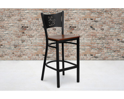 BLNK HERCULES Series Black Metal Coffee Back Restaurant Bar Stool with Wood Seat