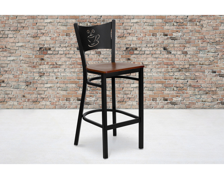 BLNK HERCULES Series Black Metal Coffee Back Restaurant Bar Stool with Wood Seat - Cherry