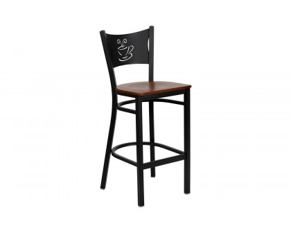 BLNK HERCULES Series Black Metal Coffee Back Restaurant Bar Stool with Wood Seat - Cherry