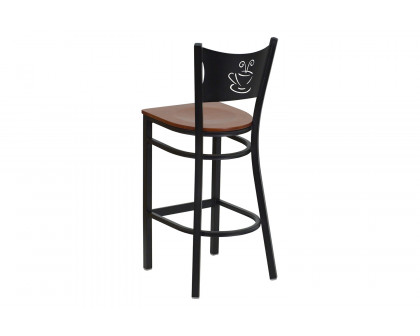 BLNK HERCULES Series Black Metal Coffee Back Restaurant Bar Stool with Wood Seat - Cherry