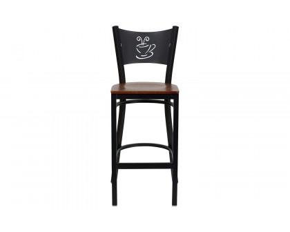 BLNK HERCULES Series Black Metal Coffee Back Restaurant Bar Stool with Wood Seat - Cherry