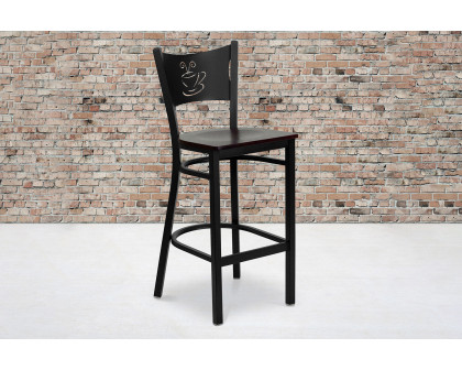 BLNK HERCULES Series Black Metal Coffee Back Restaurant Bar Stool with Wood Seat