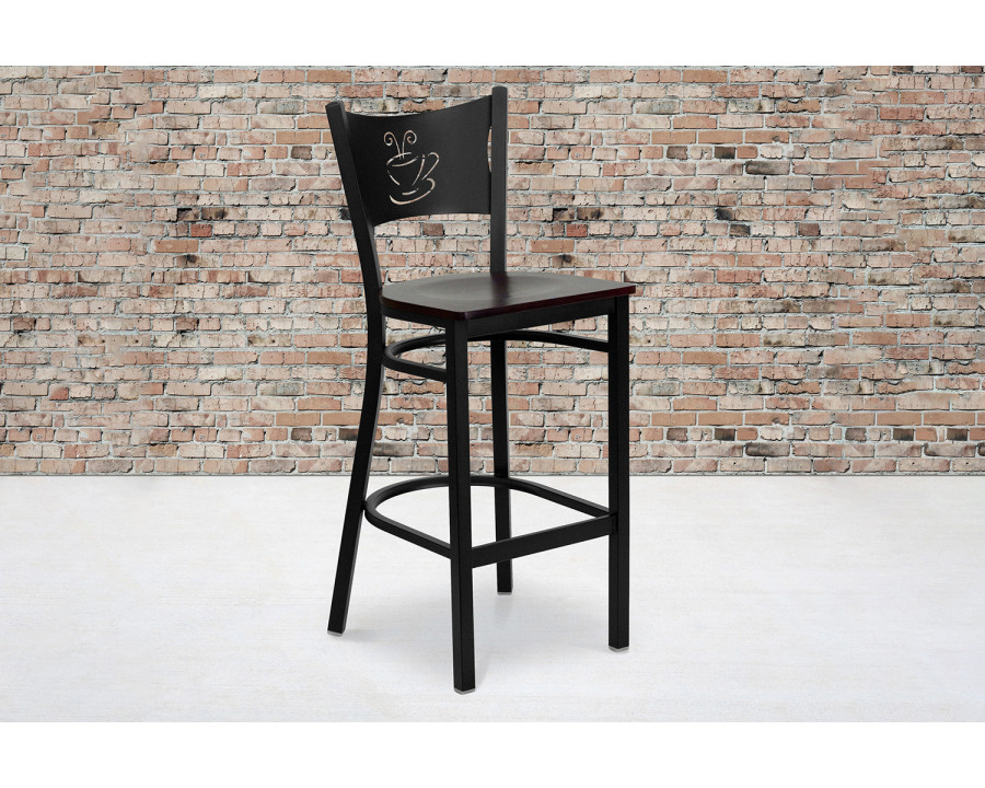 BLNK HERCULES Series Black Metal Coffee Back Restaurant Bar Stool with Wood Seat - Mahogany