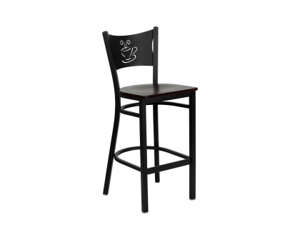 BLNK HERCULES Series Black Metal Coffee Back Restaurant Bar Stool with Wood Seat - Mahogany