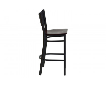 BLNK HERCULES Series Black Metal Coffee Back Restaurant Bar Stool with Wood Seat - Mahogany