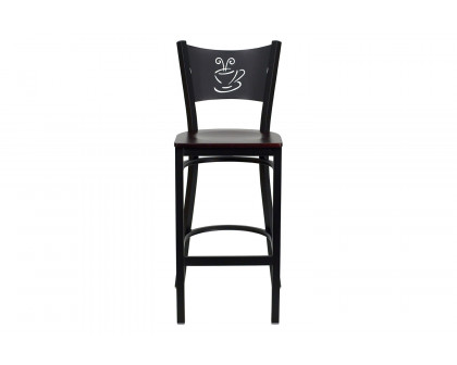 BLNK HERCULES Series Black Metal Coffee Back Restaurant Bar Stool with Wood Seat - Mahogany