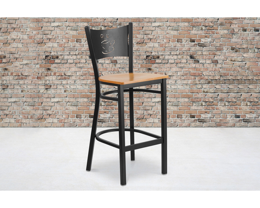 BLNK HERCULES Series Black Metal Coffee Back Restaurant Bar Stool with Wood Seat