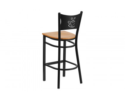 BLNK HERCULES Series Black Metal Coffee Back Restaurant Bar Stool with Wood Seat - Natural