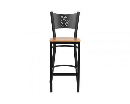 BLNK HERCULES Series Black Metal Coffee Back Restaurant Bar Stool with Wood Seat - Natural