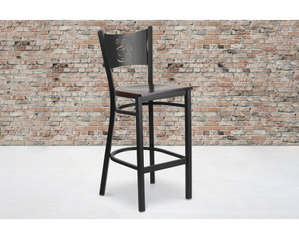 BLNK HERCULES Series Black Metal Coffee Back Restaurant Bar Stool with Wood Seat