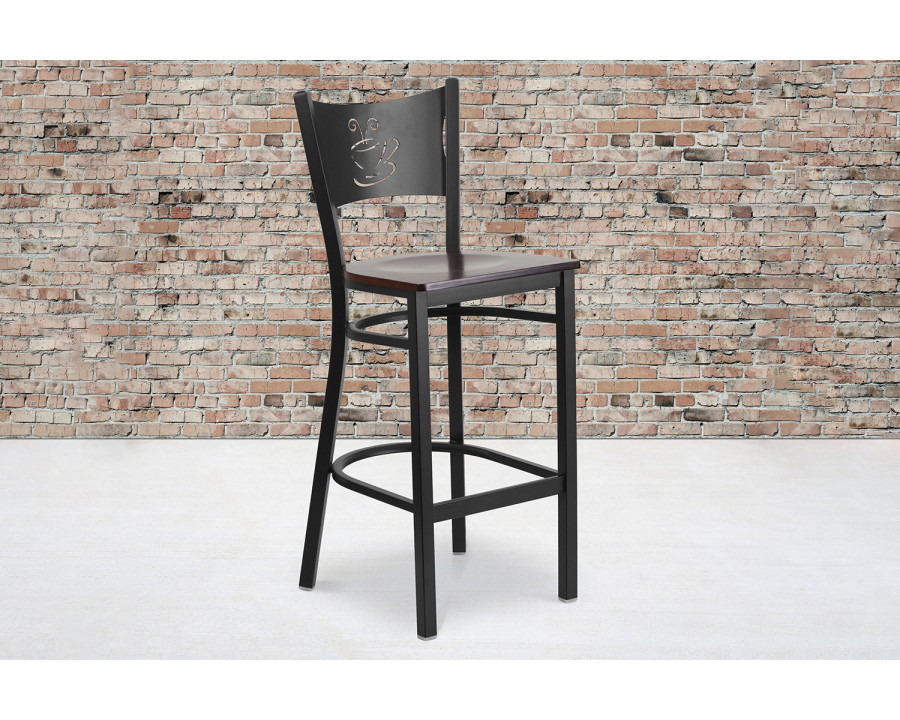 BLNK HERCULES Series Black Metal Coffee Back Restaurant Bar Stool with Wood Seat - Walnut