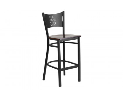 BLNK HERCULES Series Black Metal Coffee Back Restaurant Bar Stool with Wood Seat - Walnut