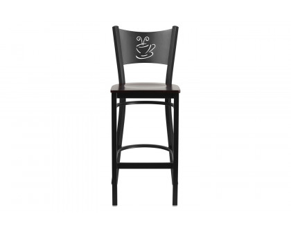 BLNK HERCULES Series Black Metal Coffee Back Restaurant Bar Stool with Wood Seat - Walnut