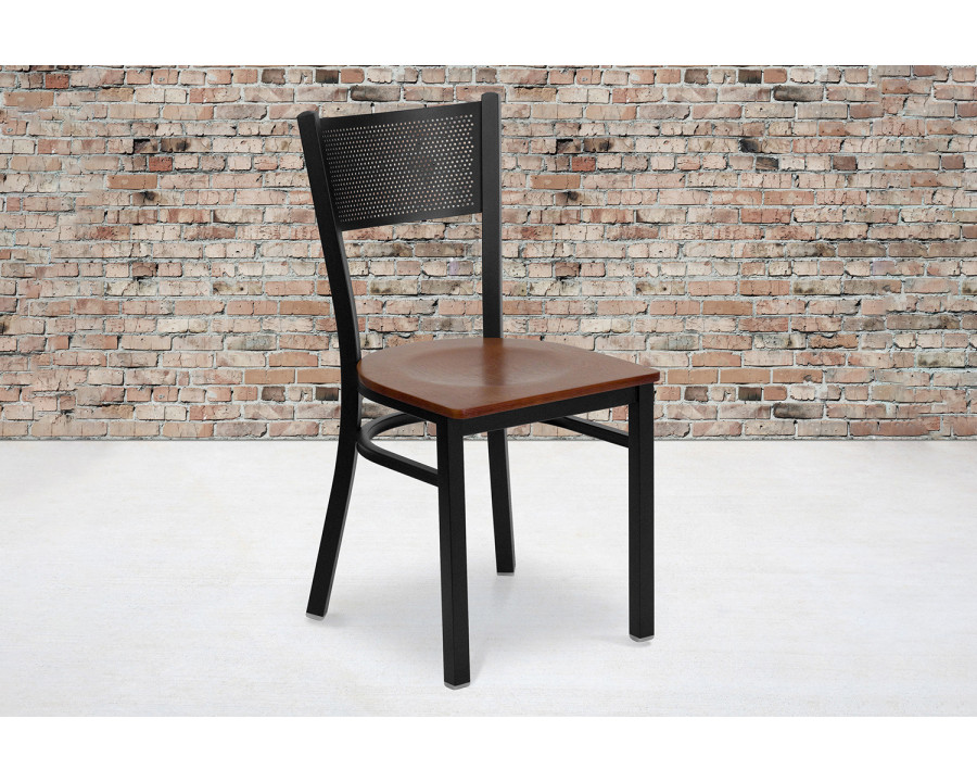 BLNK HERCULES Series Black Metal Grid Back Restaurant Chair with Wood Seat - Cherry