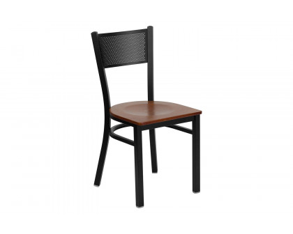 BLNK HERCULES Series Black Metal Grid Back Restaurant Chair with Wood Seat - Cherry