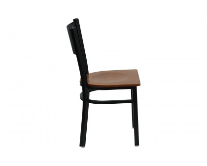 BLNK HERCULES Series Black Metal Grid Back Restaurant Chair with Wood Seat - Cherry