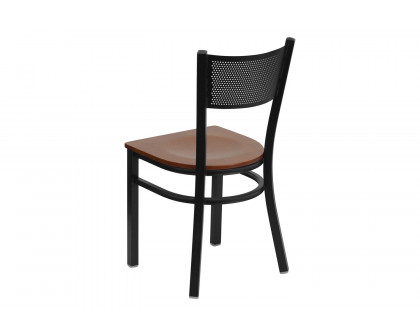 BLNK HERCULES Series Black Metal Grid Back Restaurant Chair with Wood Seat - Cherry