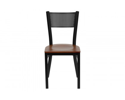 BLNK HERCULES Series Black Metal Grid Back Restaurant Chair with Wood Seat - Cherry