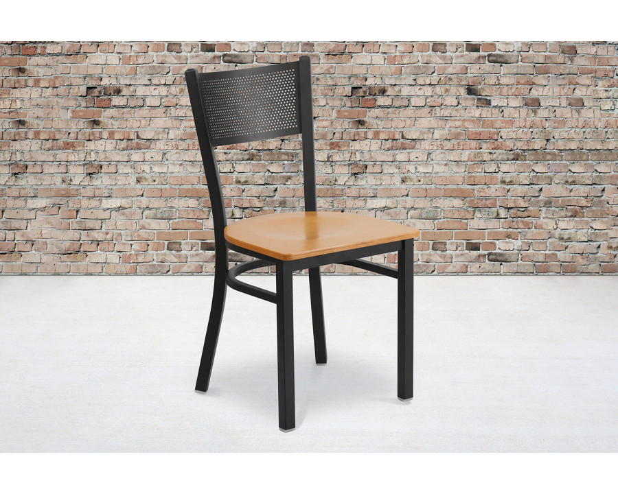 BLNK HERCULES Series Black Metal Grid Back Restaurant Chair with Wood Seat - Natural