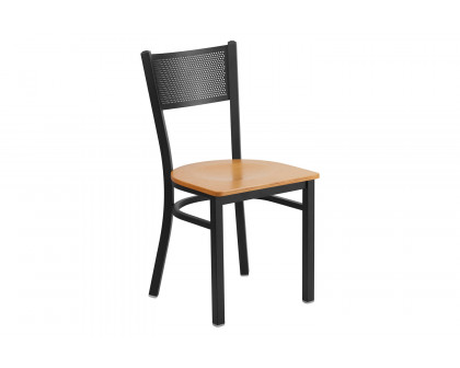 BLNK HERCULES Series Black Metal Grid Back Restaurant Chair with Wood Seat - Natural