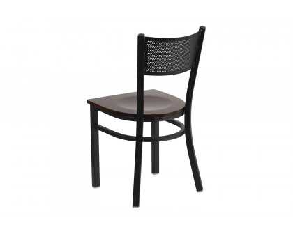 BLNK HERCULES Series Black Metal Grid Back Restaurant Chair with Wood Seat - Walnut