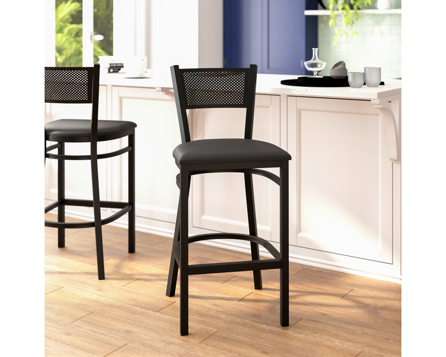 BLNK HERCULES Series Black Metal Grid Back Restaurant Bar Stool with Vinyl Seat