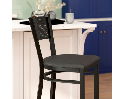 BLNK HERCULES Series Black Metal Grid Back Restaurant Bar Stool with Vinyl Seat - Black