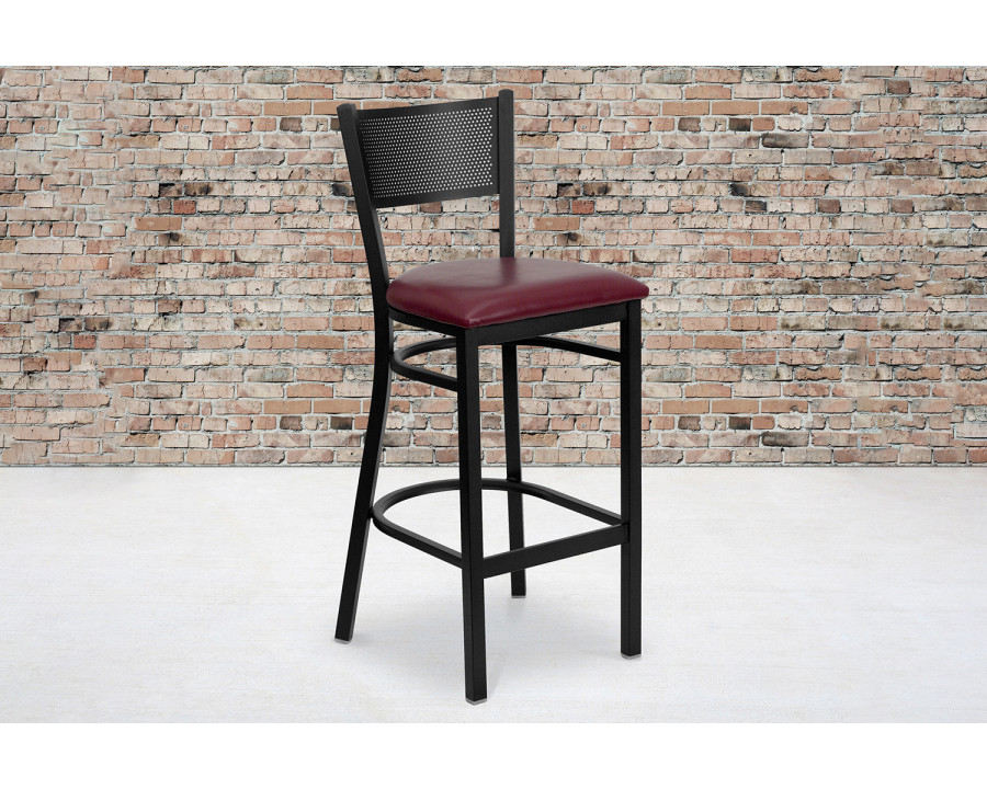 BLNK HERCULES Series Black Metal Grid Back Restaurant Bar Stool with Vinyl Seat - Burgundy