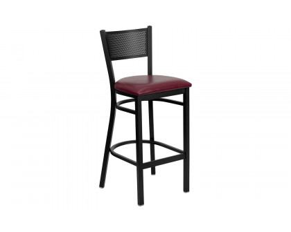 BLNK HERCULES Series Black Metal Grid Back Restaurant Bar Stool with Vinyl Seat - Burgundy