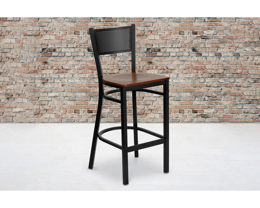 BLNK HERCULES Series Black Metal Grid Back Restaurant Bar Stool with Wood Seat