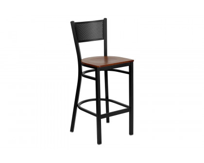 BLNK HERCULES Series Black Metal Grid Back Restaurant Bar Stool with Wood Seat