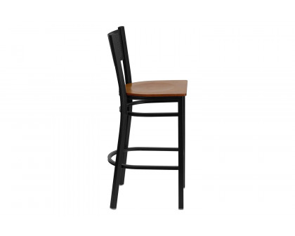 BLNK HERCULES Series Black Metal Grid Back Restaurant Bar Stool with Wood Seat - Cherry