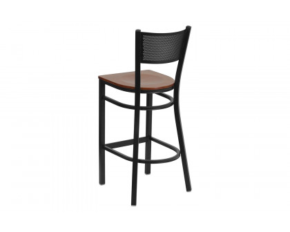 BLNK HERCULES Series Black Metal Grid Back Restaurant Bar Stool with Wood Seat - Cherry