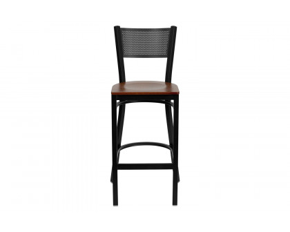 BLNK HERCULES Series Black Metal Grid Back Restaurant Bar Stool with Wood Seat - Cherry